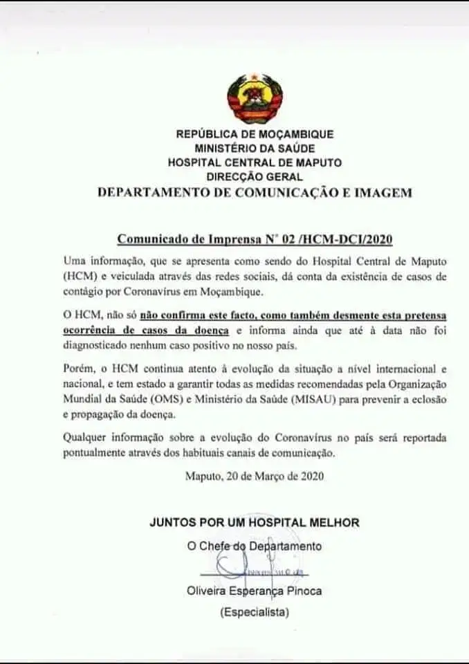 Mined desmente existência de casos de coronavirus em Moçambique Mined desmente existência de casos de coronavirus em Moçambique