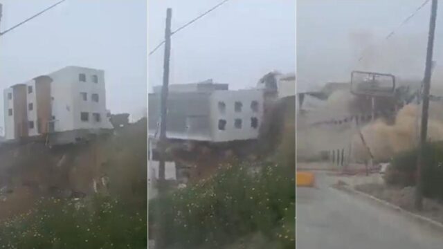 Prédio desaba e rola em barranco no México